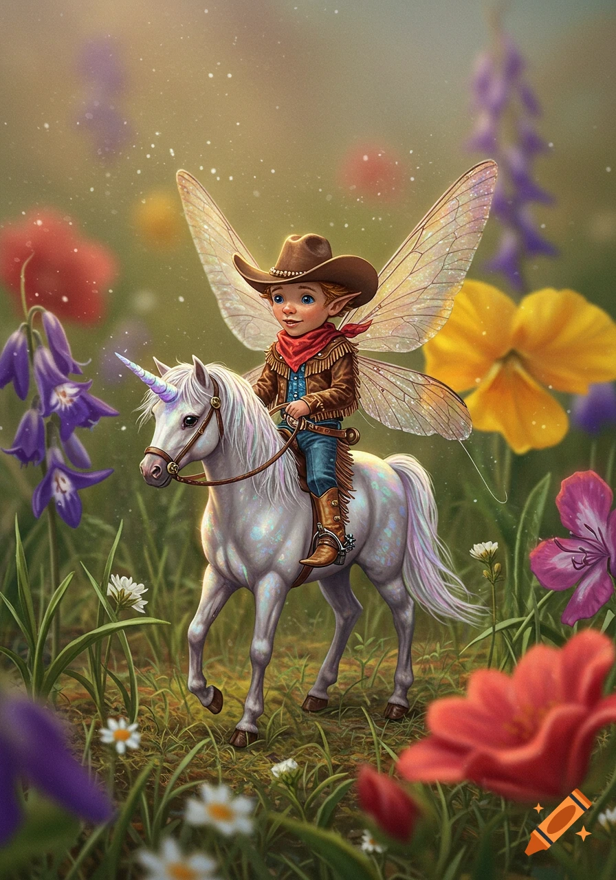 An illustration of a fairy cowboy riding a white unicorn through a field of colorful flowers.