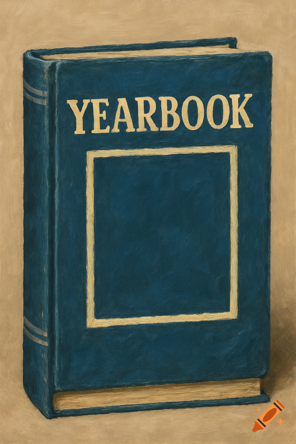 Dark blue yearbook with gold lettering and frame, painted texture.