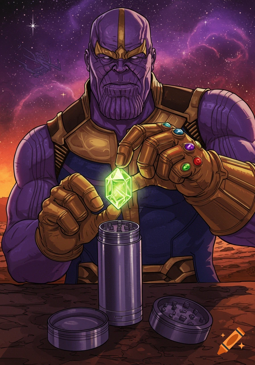 Thanos holding the green power stone over a cannabis grinder in space.