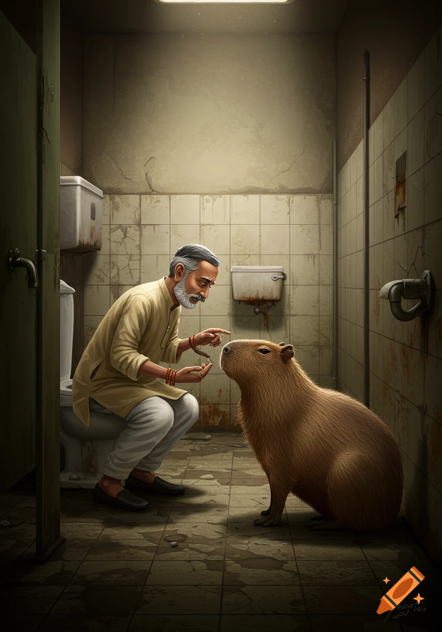 A man crouches and interacts with a capybara in a dirty bathroom.