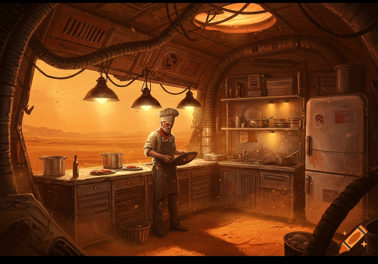 A chef cooks in a sci-fi kitchen made of scrap metal on a desert planet, concept art.