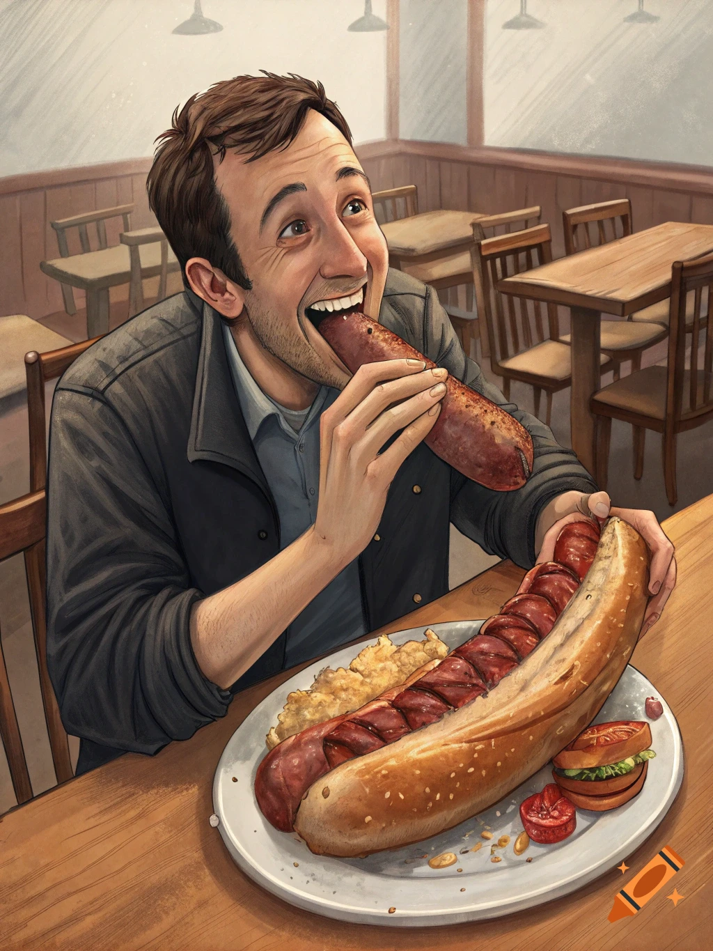 Illustration of a man eating a very large hot dog at a table.