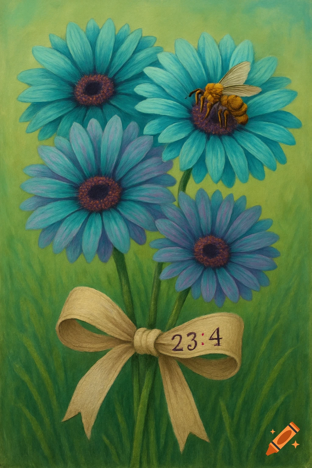Painted illustration of blue and purple gerber daisies with a bee, tied with a ribbon displaying "23:4", against a grassy background.