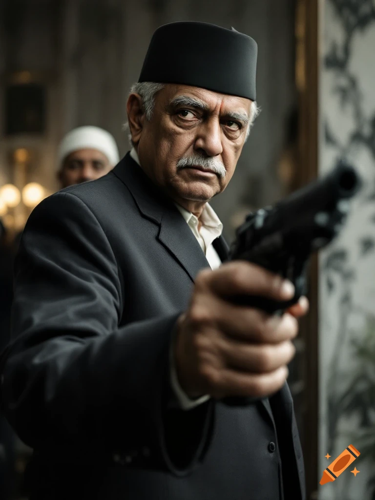 A man in a suit and hat points a handgun directly at the viewer. Photorealistic portrait.