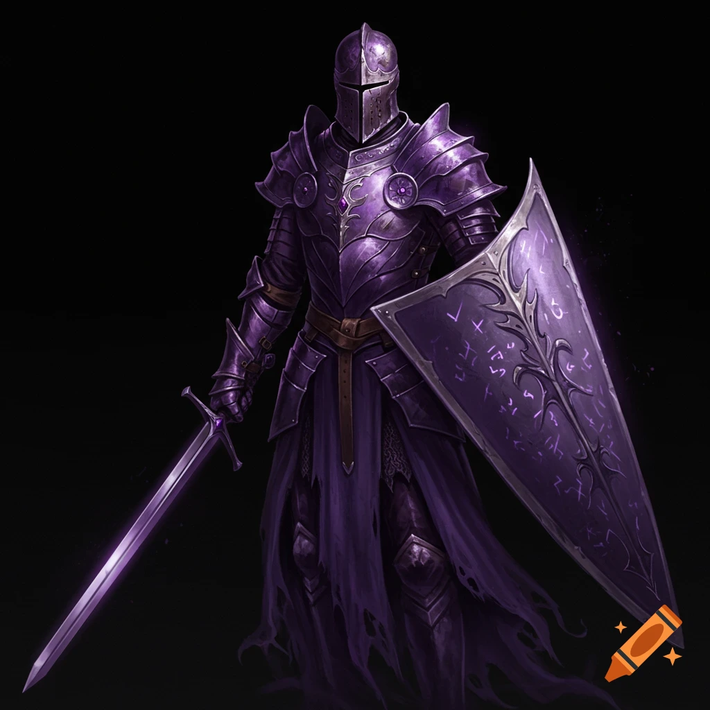 A purple phantom knight in ornate armor holds a sword and shield against a black background.