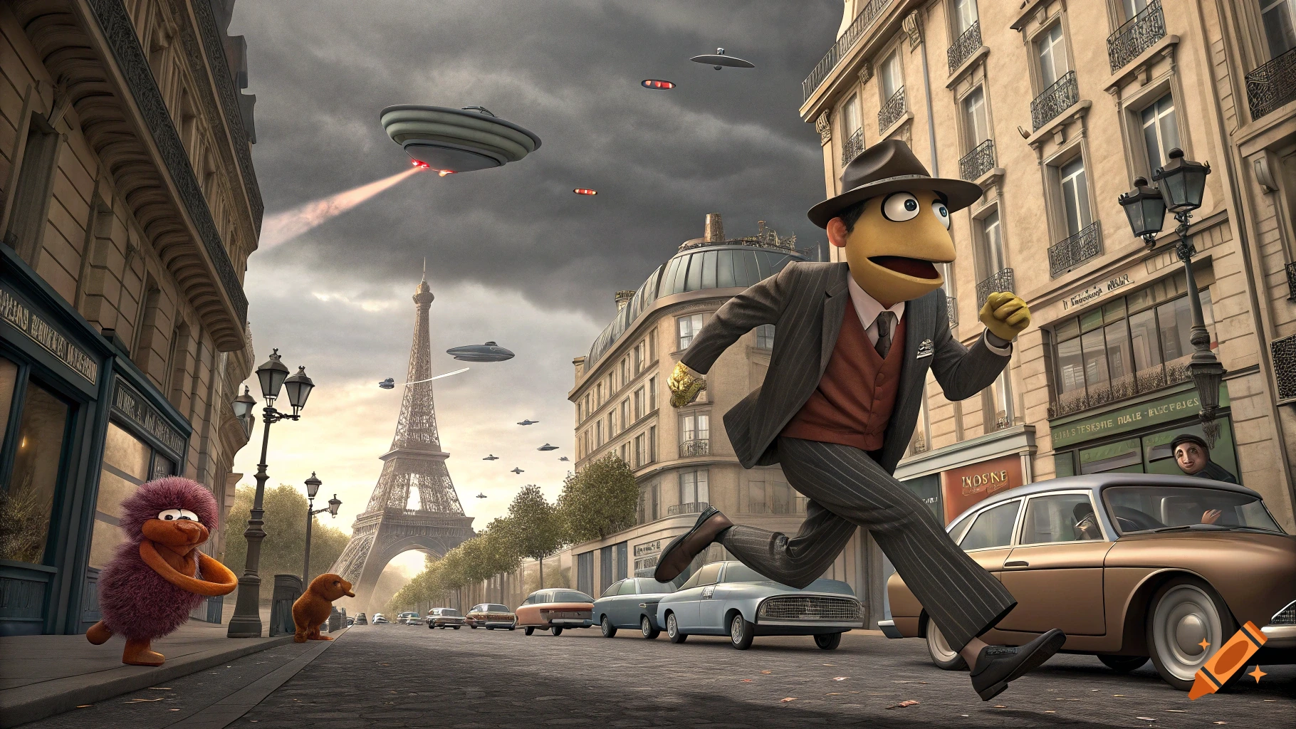 A puppet resembling Burt from Sesame Street runs in fear down a Paris street as UFOs descend from a cloudy sky.