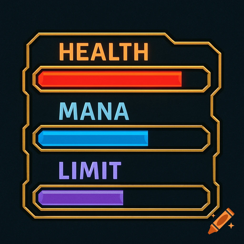 Stylized gaming HUD with health, mana, and limit bars.