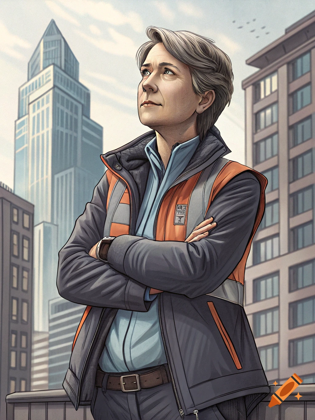 Woman in a safety vest stands with arms crossed looking up at city buildings. Illustration style.