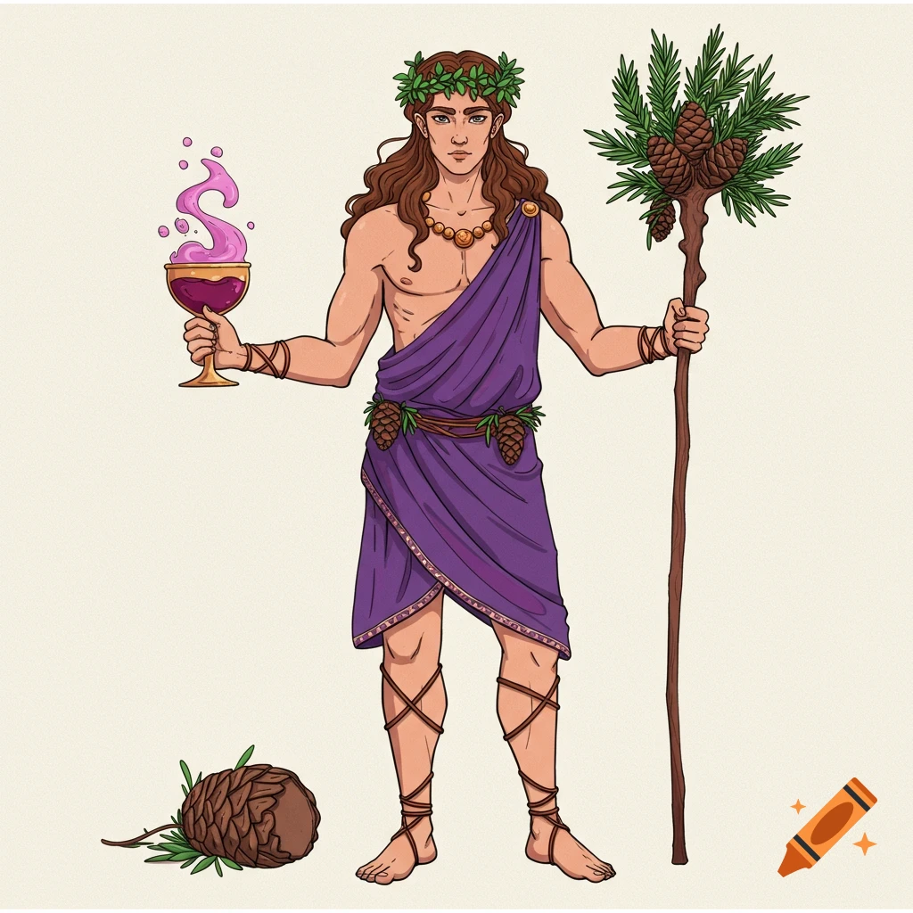 Illustration of Dionysus wearing a purple robe and wreath, holding a wine cup and a staff with pinecones.