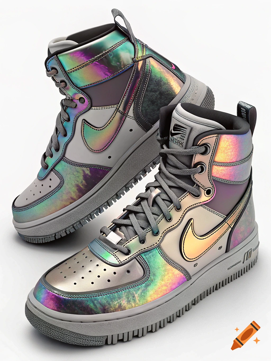 Pair of grey high-top sneakers with iridescent holographic finish
