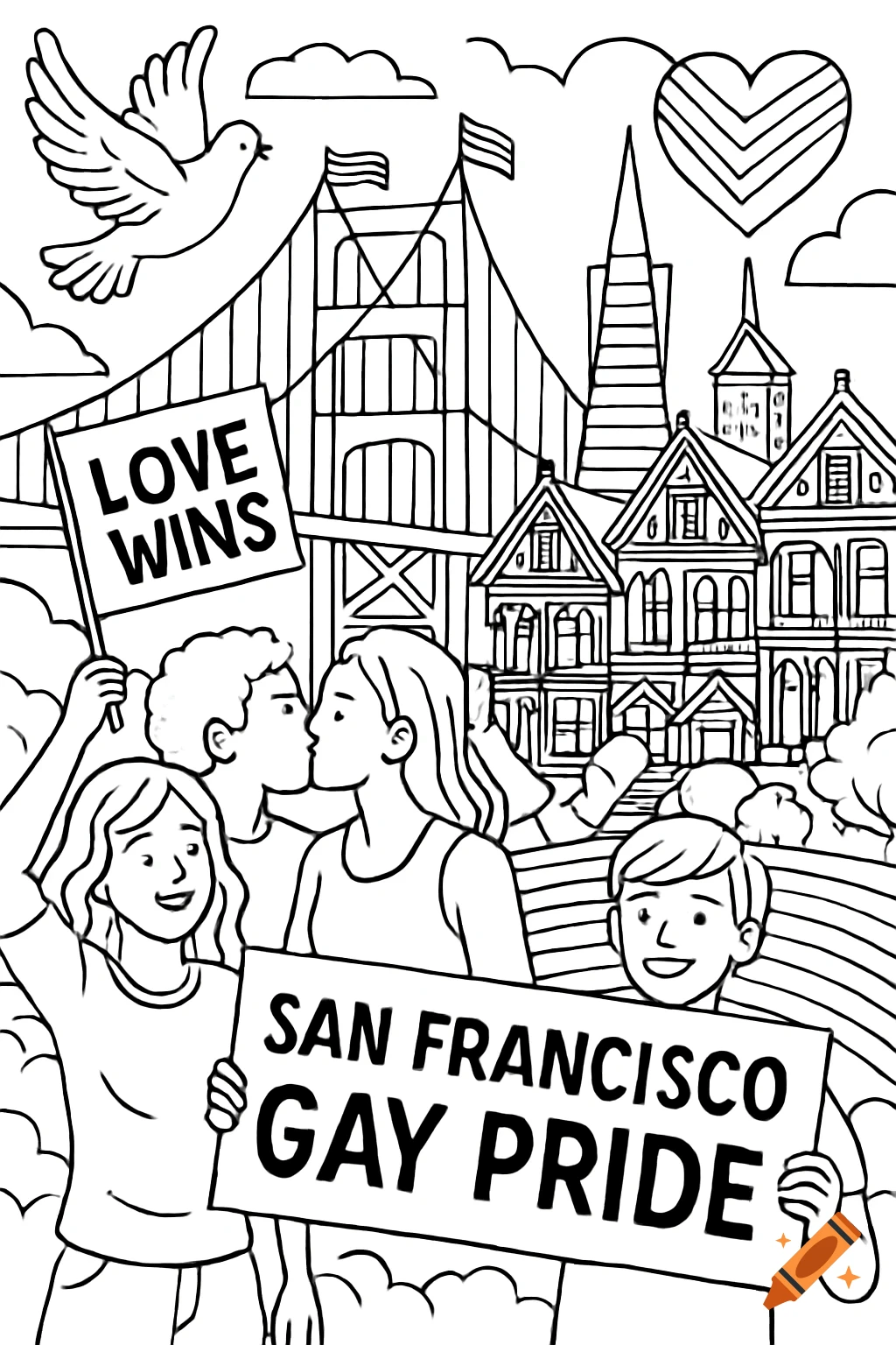 Black and white line art coloring page of people celebrating San Francisco Gay Pride with signs, the Golden Gate Bridge, and Painted Ladies.