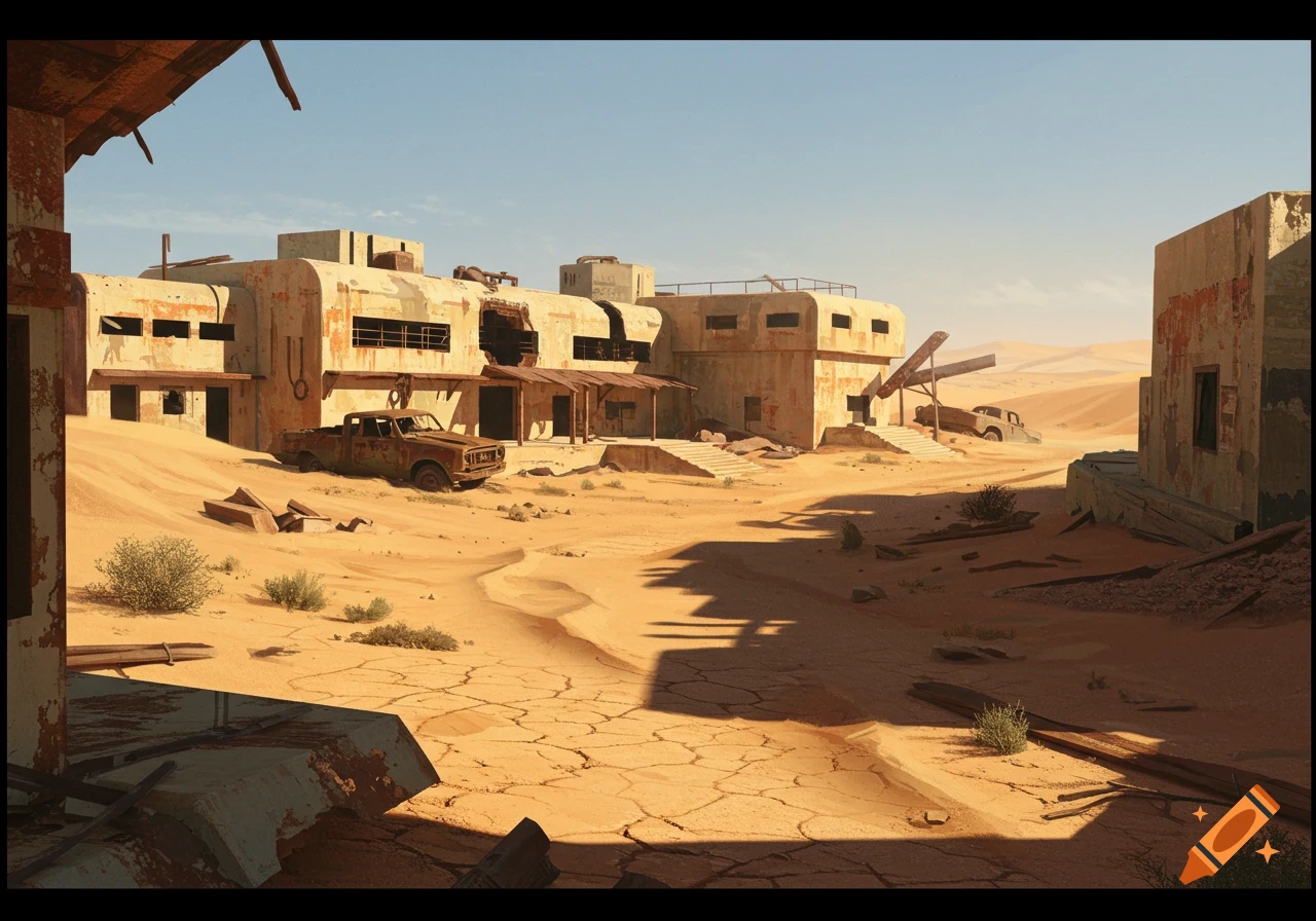An abandoned military base with crumbling buildings and a rusted pickup truck sits in a sandy desert landscape.