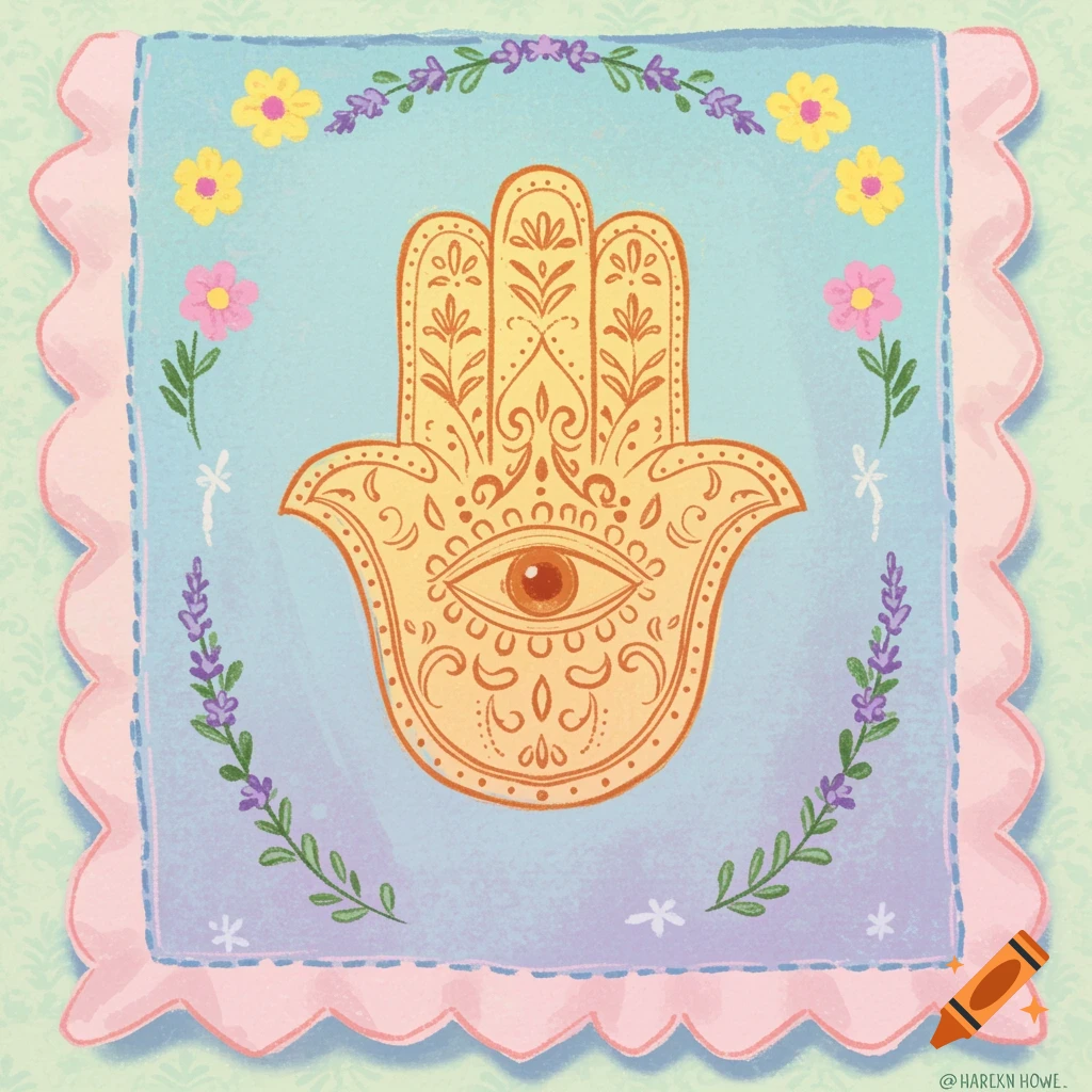 Illustration of a Hamsa hand symbol on a pastel blanket with floral borders and ruffled edge.