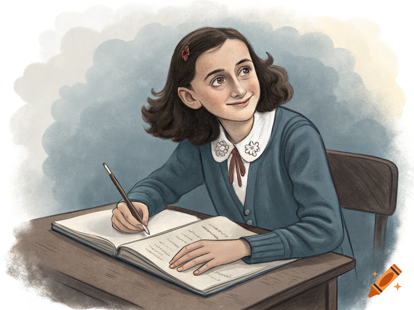 Illustration of a young girl with short dark hair, wearing a blue cardigan and white collar, writing in a notebook at a desk and looking up.