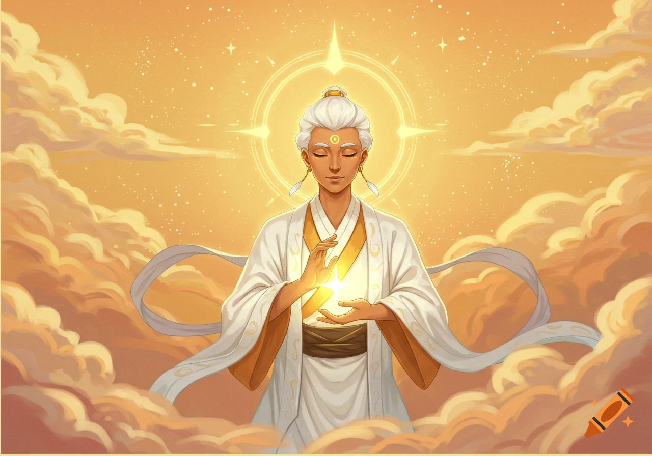 An illustration of a figure in white robes meditating in the sky, surrounded by golden clouds and light.