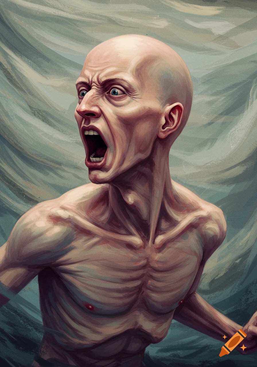 Illustration of a pale, emaciated bald man shrieking in pain.