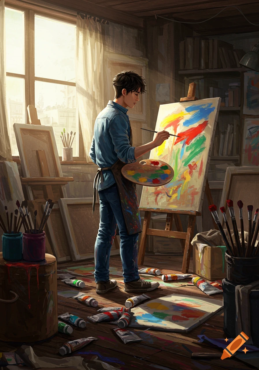 Artist painting in a messy studio filled with art supplies