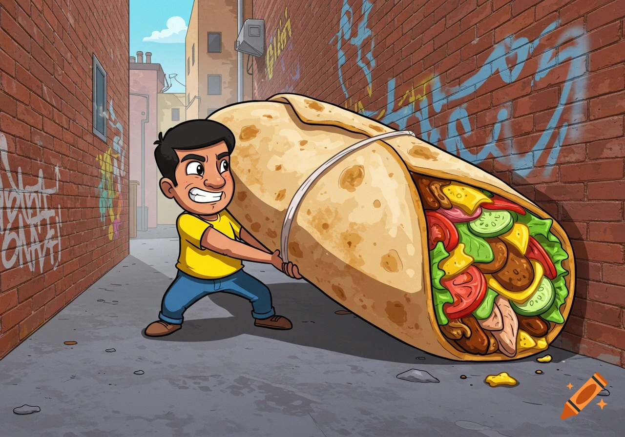 Cartoon man dragging a giant burrito down an alley wall with graffiti.
