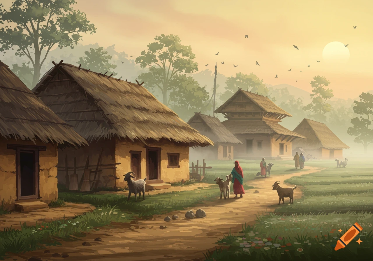 A semi-realistic painting of a rural village at sunrise with thatched-roof houses, people, and goats.