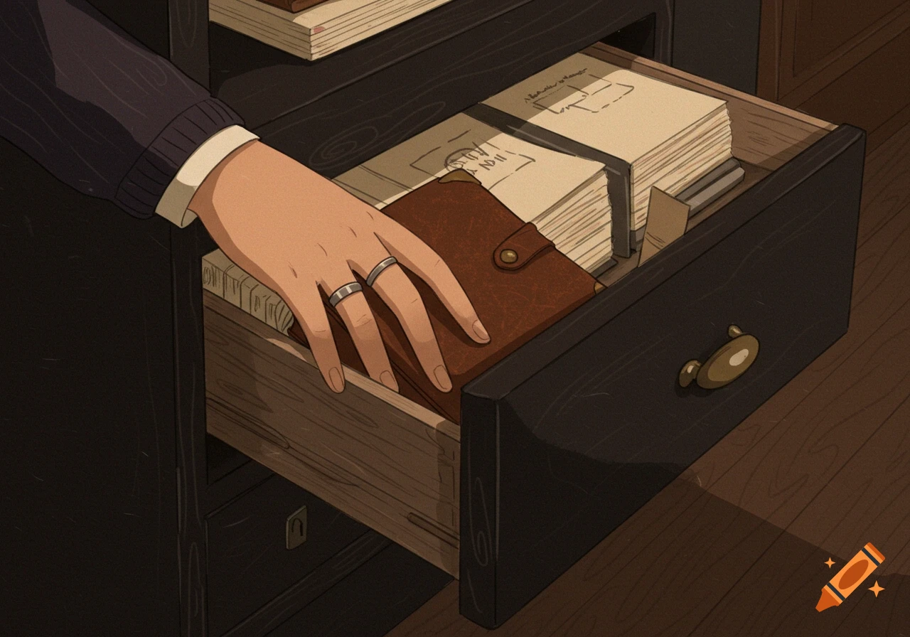 Illustration of a hand reaching into a drawer with a notebook and papers.