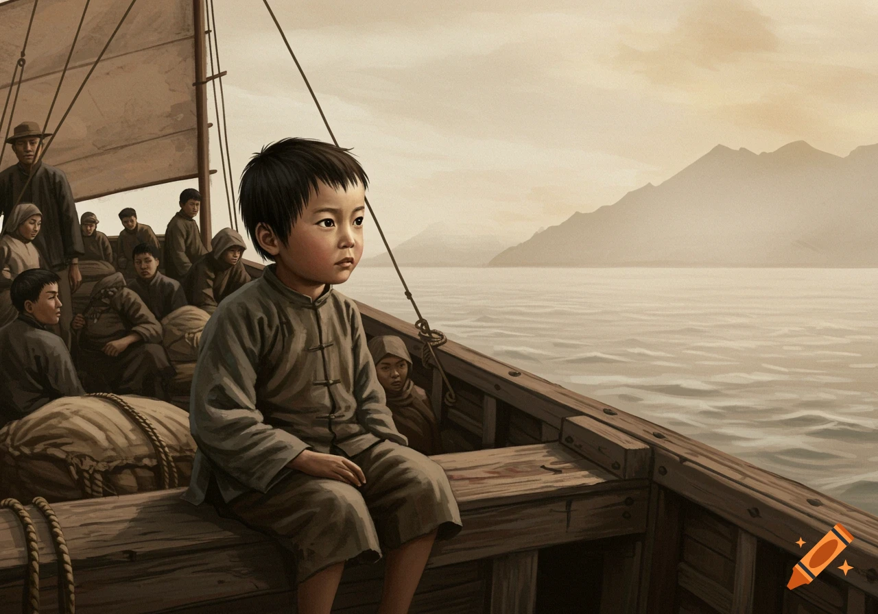Illustration of a Chinese child sitting on a boat with others, looking out at the water and mountains.