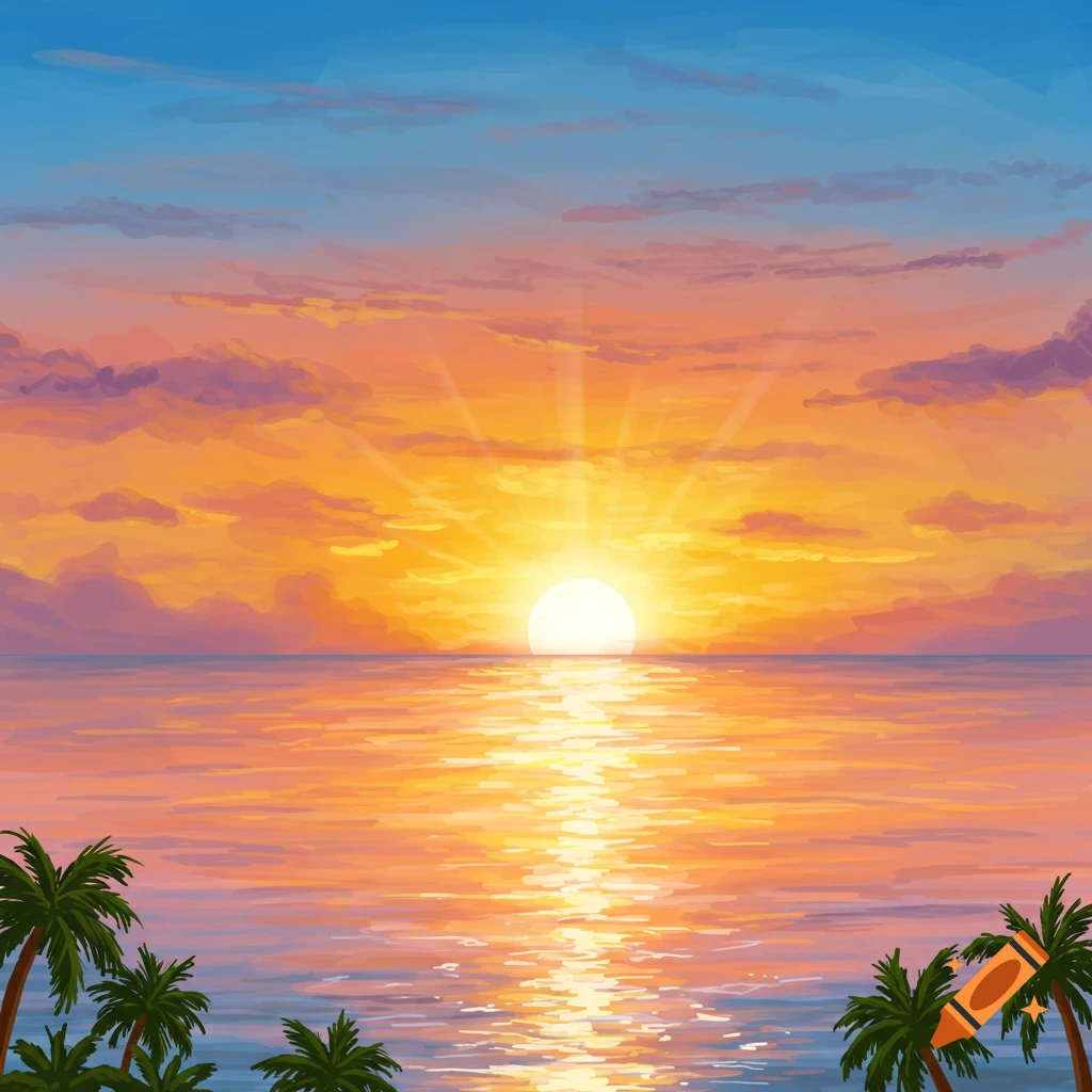 Vibrant stylized sunrise over the ocean with palm trees