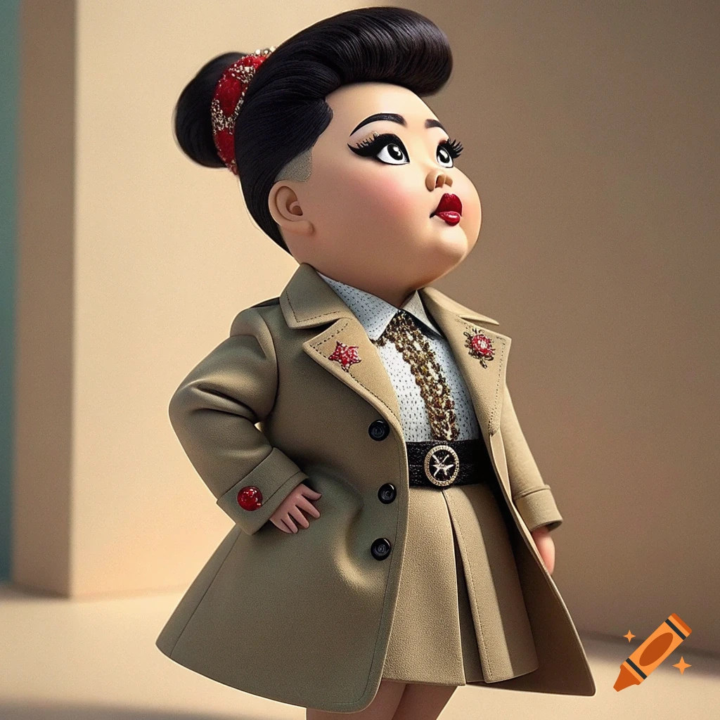 Chibi doll styled like Kim Jong-Un in a tan coat and military uniform details.