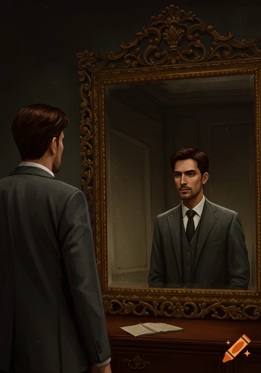 A man in a suit looks at his reflection in an ornate mirror.
