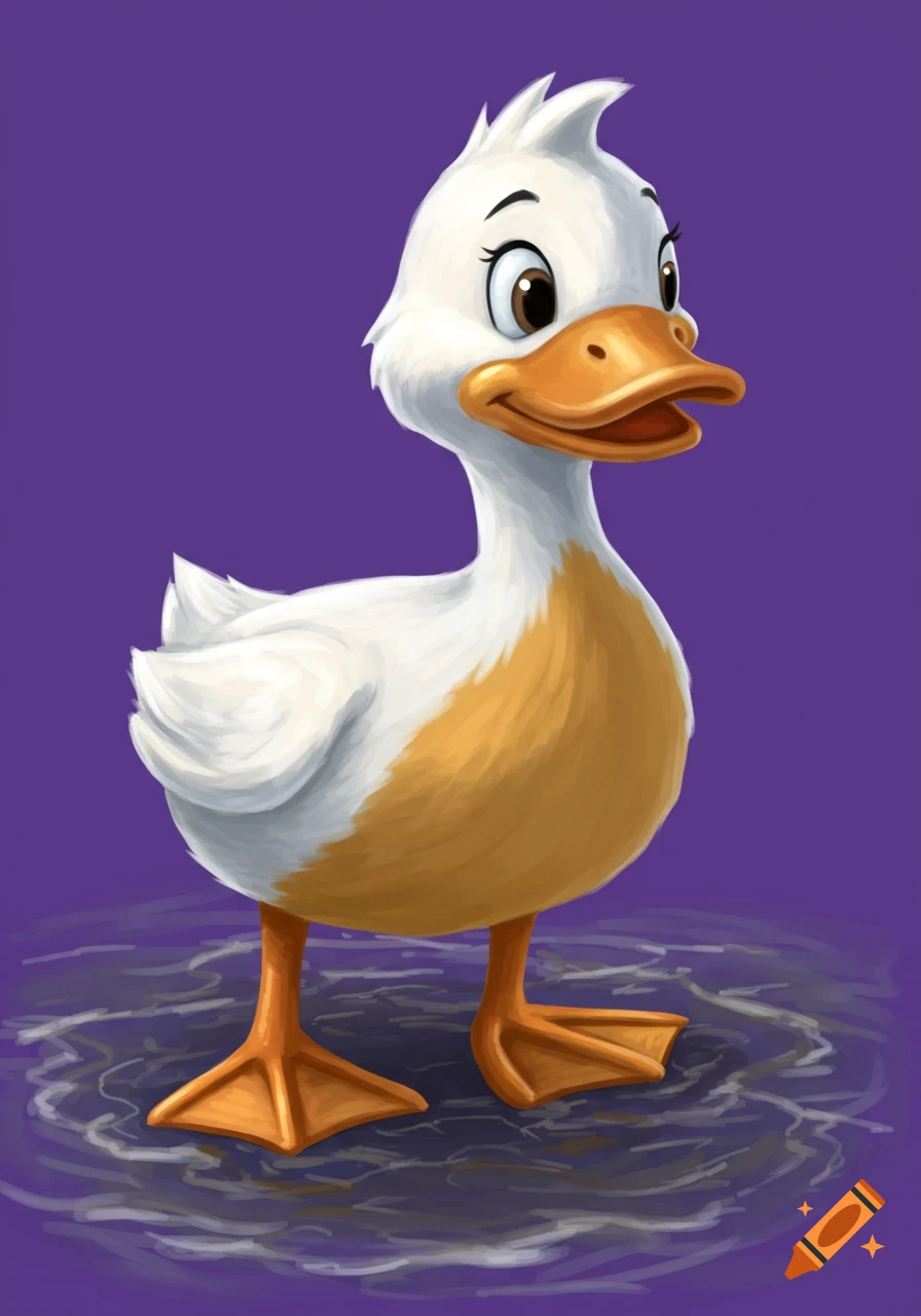 Cartoon illustration of a white and orange duck standing in water.