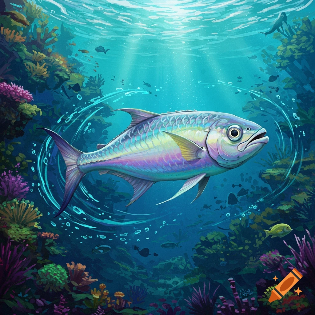 Illustrative painting of a large fish swimming near a coral reef in the ocean.