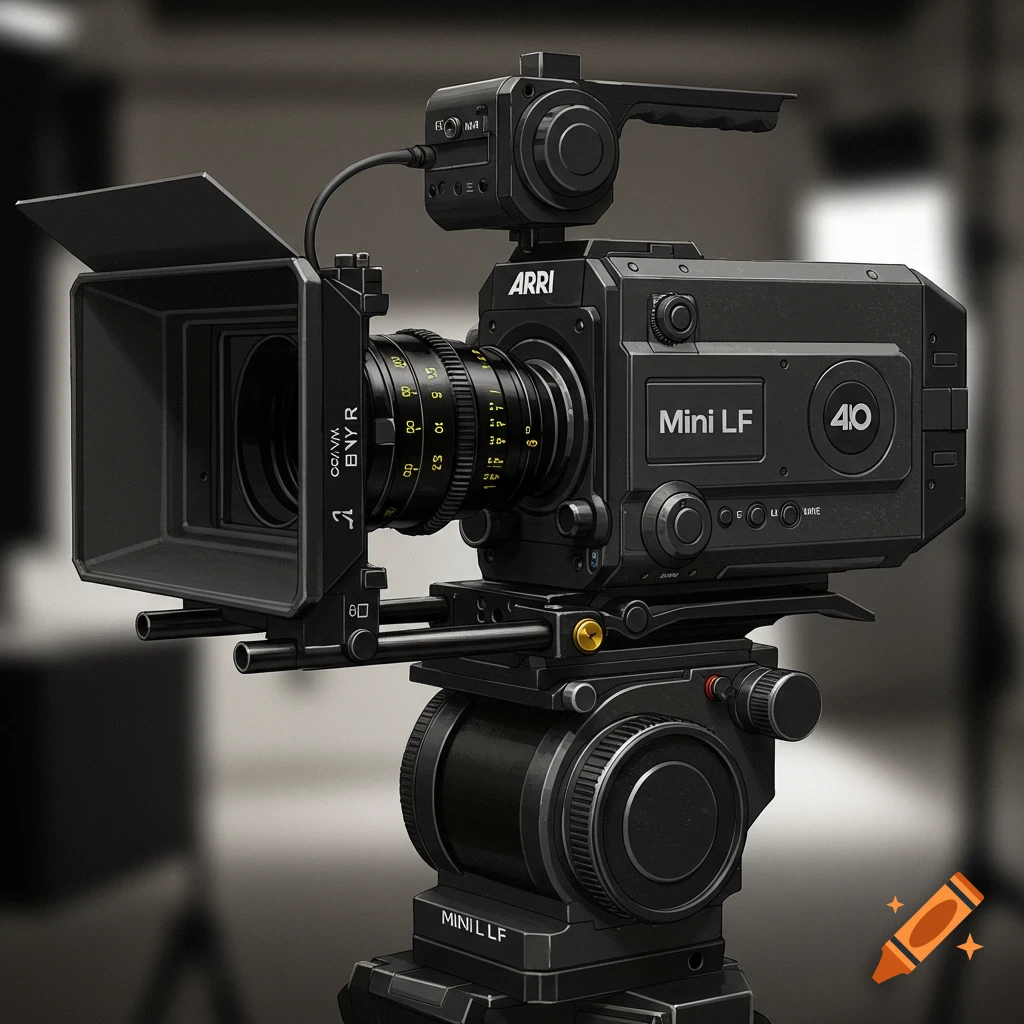 A detailed, close-up shot of a dark modern film camera on a tripod mount.