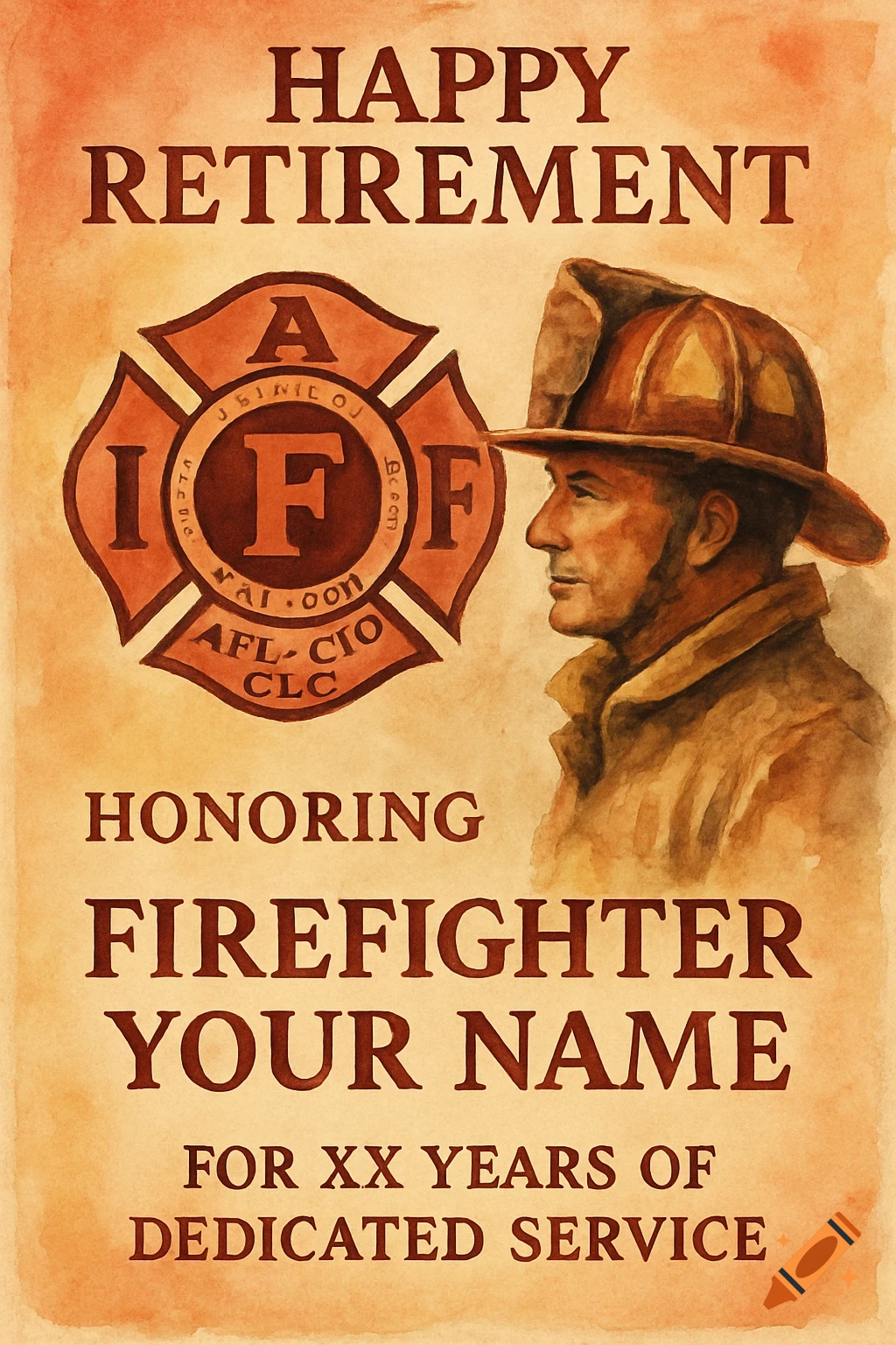 Watercolor painting of a firefighter retirement flyer with text and a badge.
