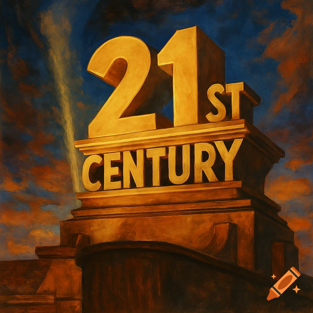 Golden movie studio logo with '21ST CENTURY' text in a painted style with spotlight beams against a dramatic sky.