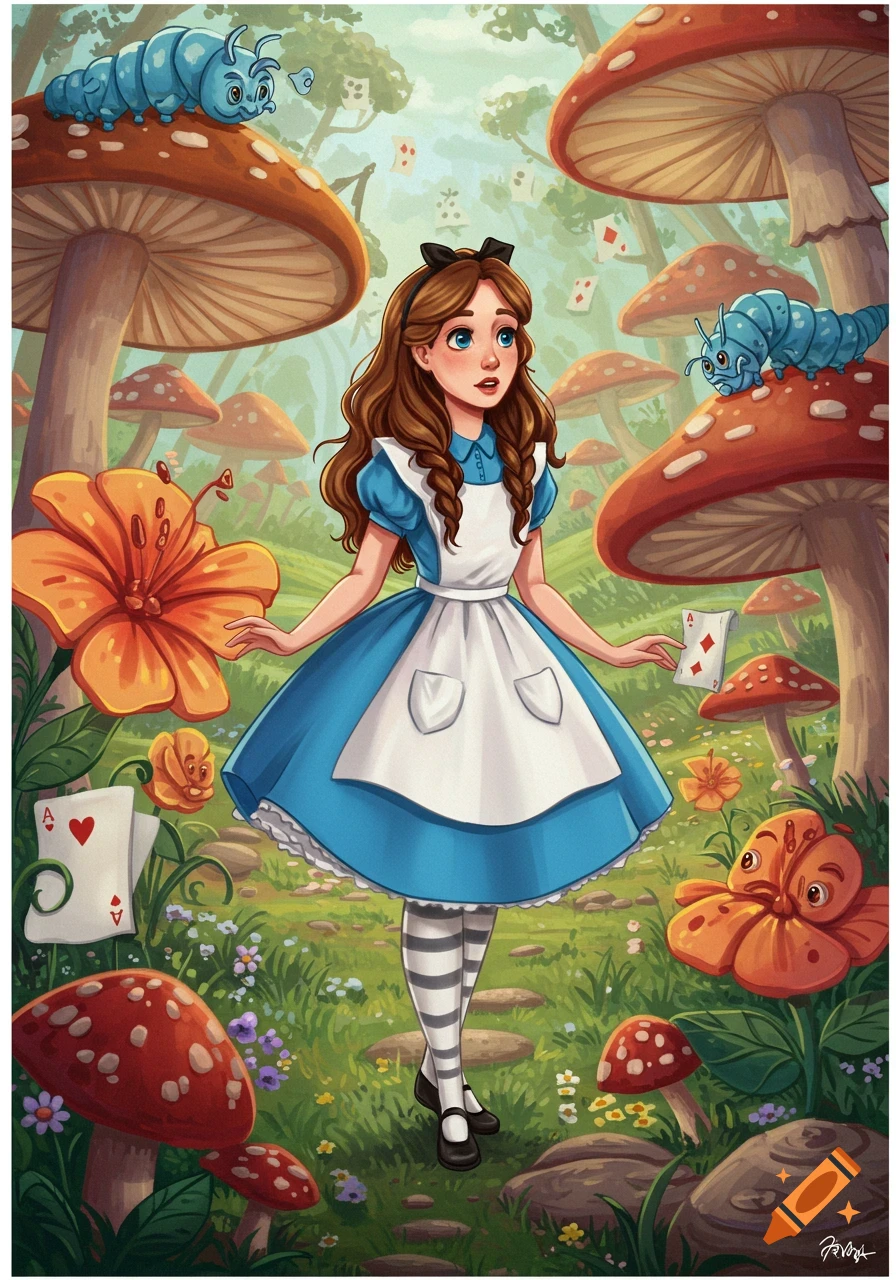An illustration of Alice in Wonderland standing among large mushrooms with caterpillars and floating playing cards in a forest.