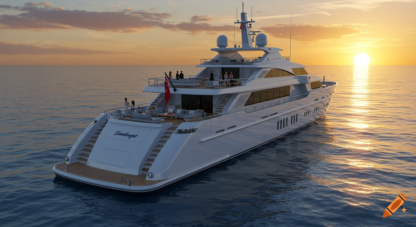 Photorealistic render of a large yacht on the ocean at sunset