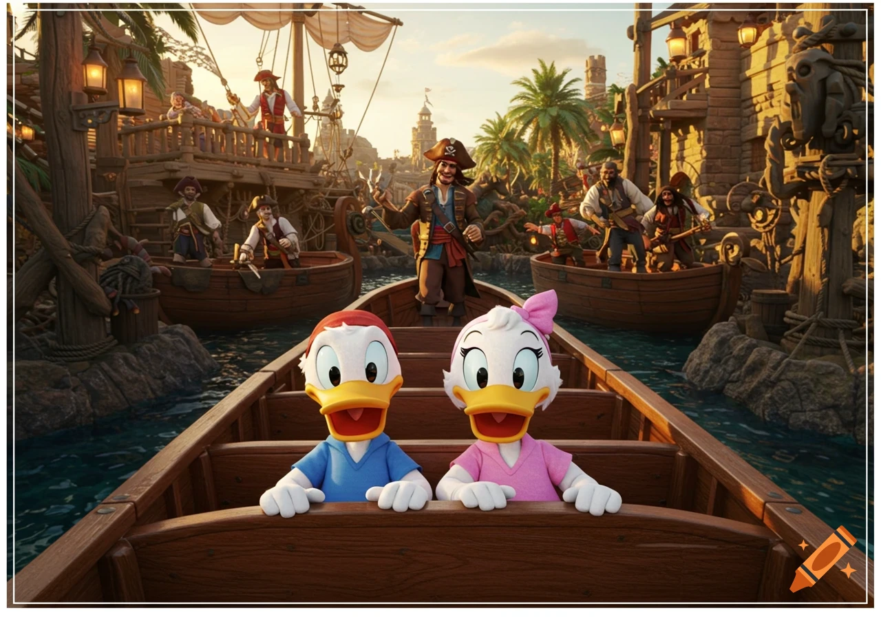 Cartoon ducks Huey and Dewey ride a boat through a realistic-style Disney pirate attraction scene with pirates and buildings.