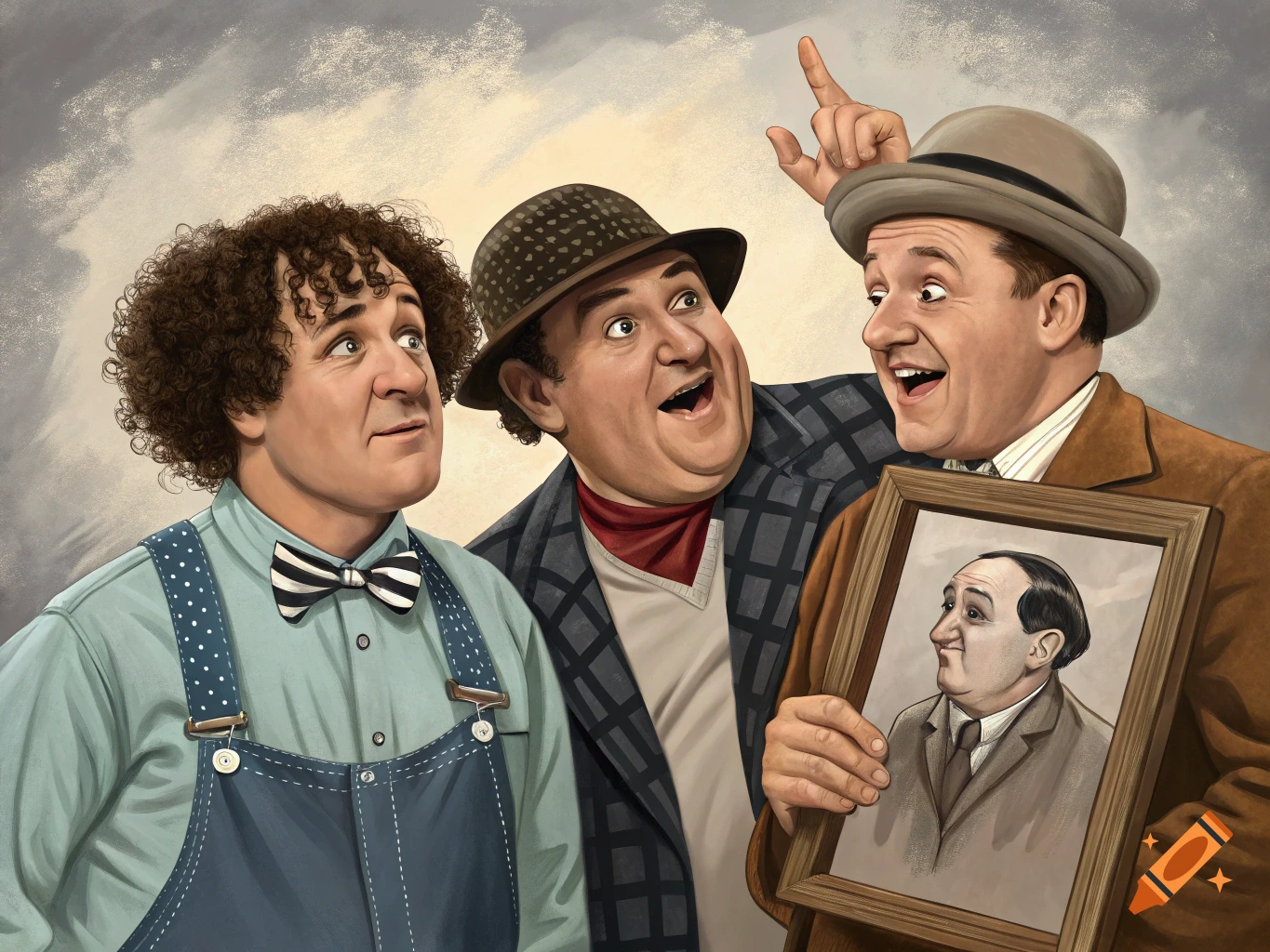 Illustration of three men resembling The Three Stooges looking at a framed portrait of a fourth person.