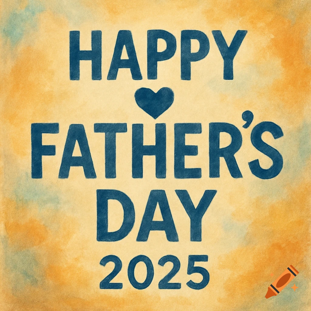 Happy Father's Day 2025 text graphic with a heart on a textured watercolor background.