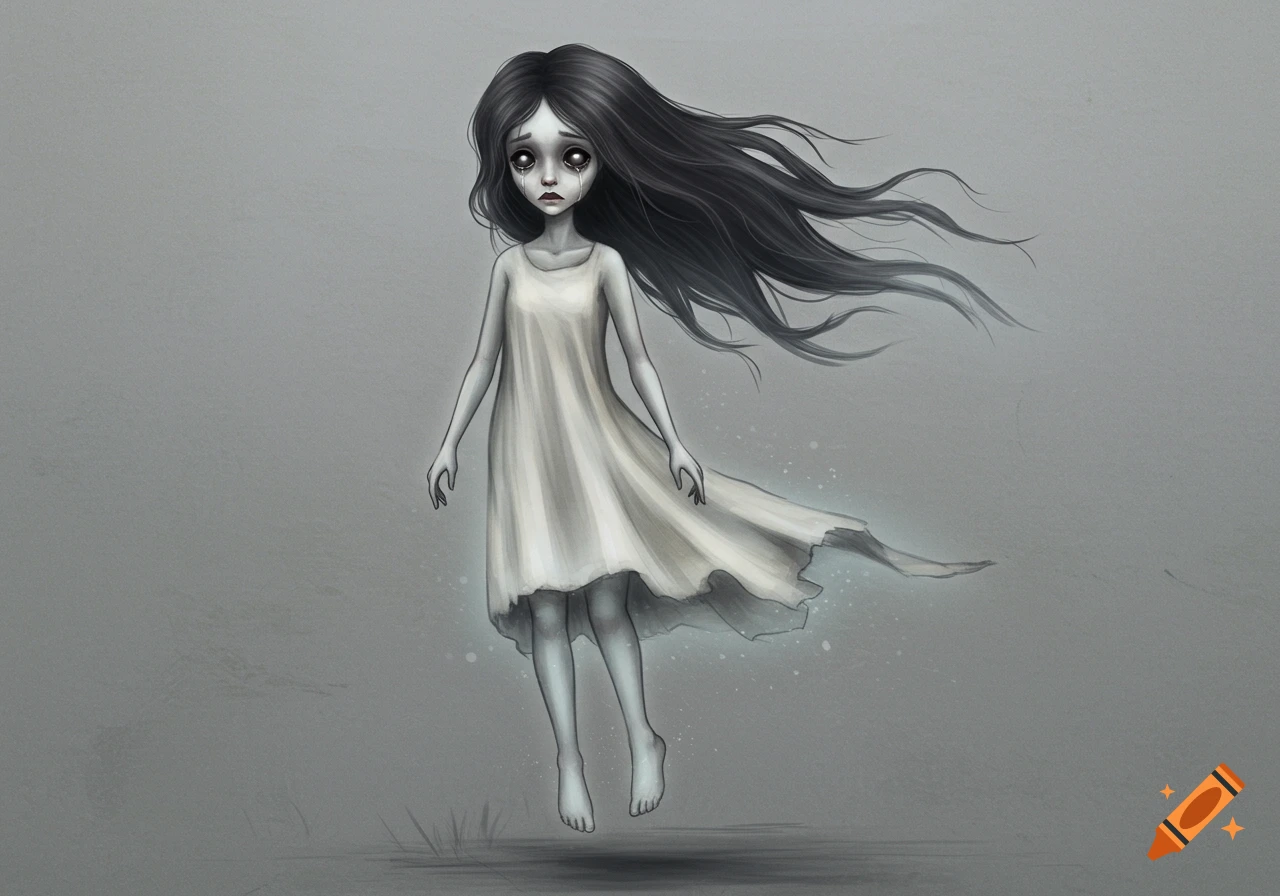 Stylized illustration of a ghostly girl with long black hair and a white dress floating slightly above the ground.