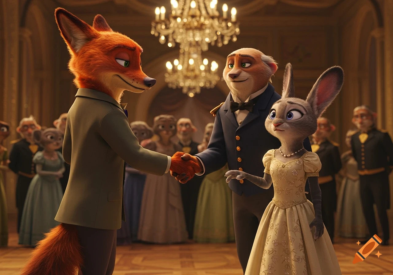 Anthropomorphic fox shakes hands with lion while rabbit looks on in a formal ballroom.
