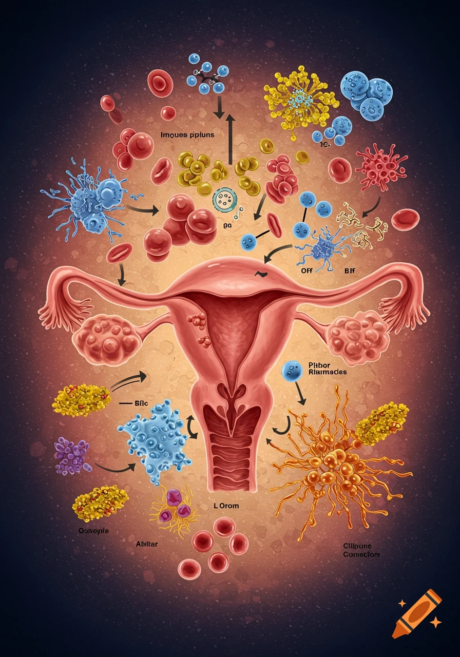 Medical illustration of a uterus surrounded by various cells and structures, depicting biological processes.