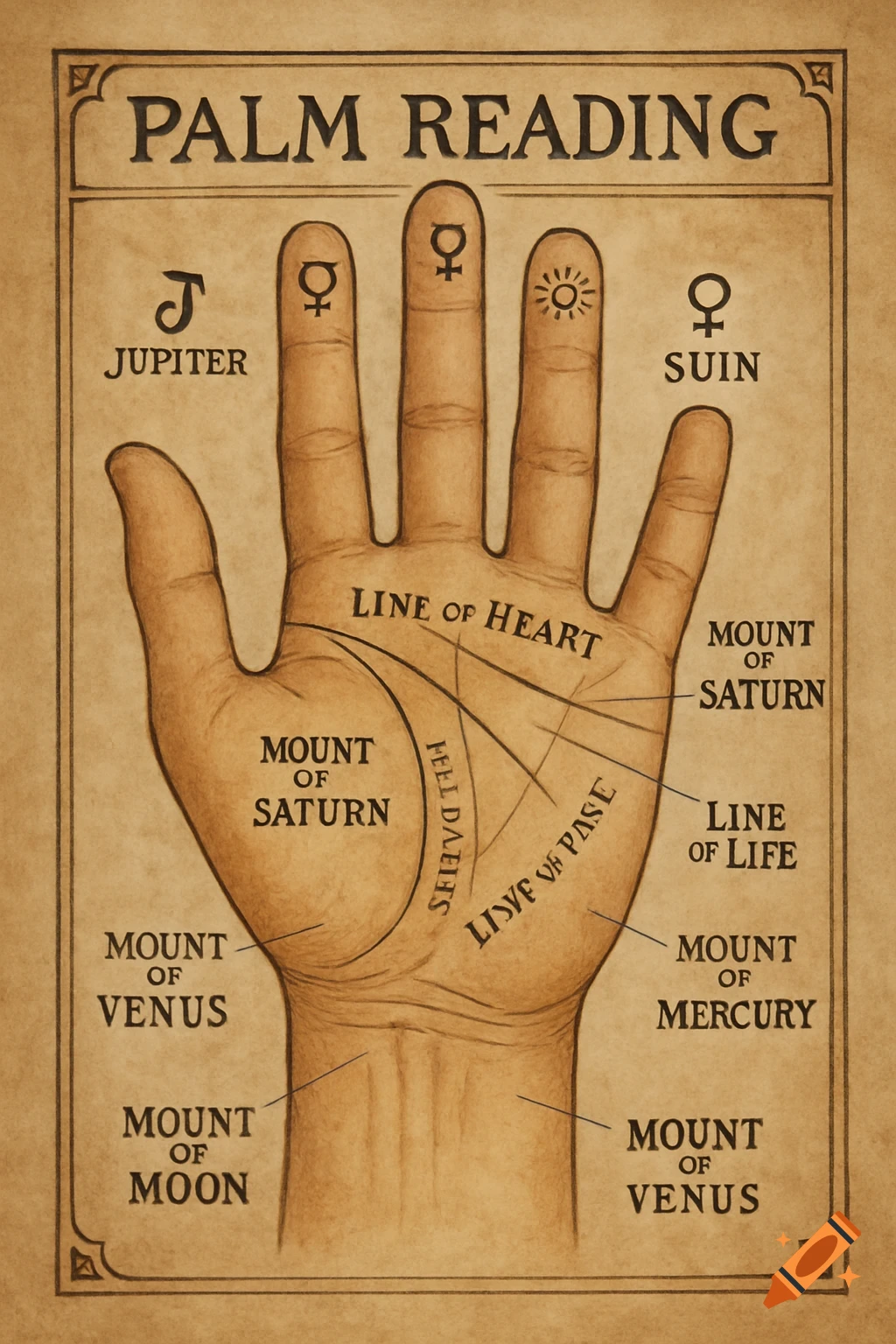 Vintage style palm reading chart showing lines and mounts on a hand