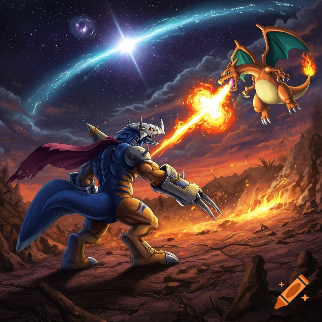 Wargreymon fights Charizard with fire breath in a stylized fantasy landscape