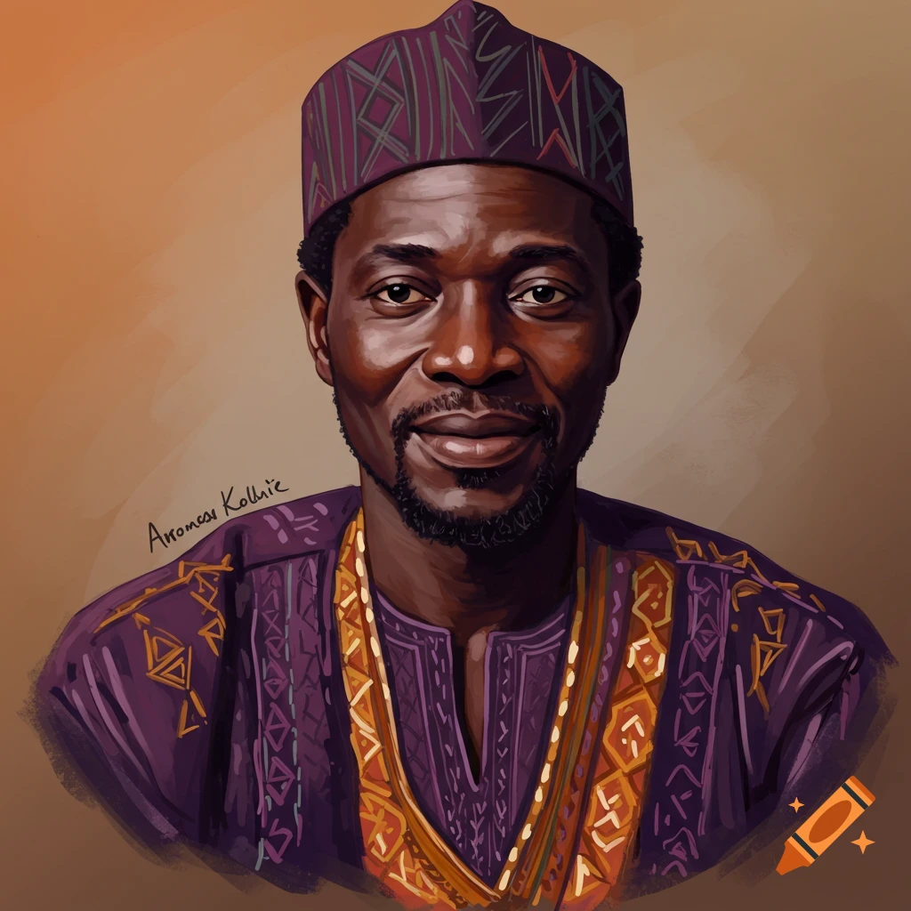 A painted portrait of a man wearing traditional purple and gold clothing and a cap.