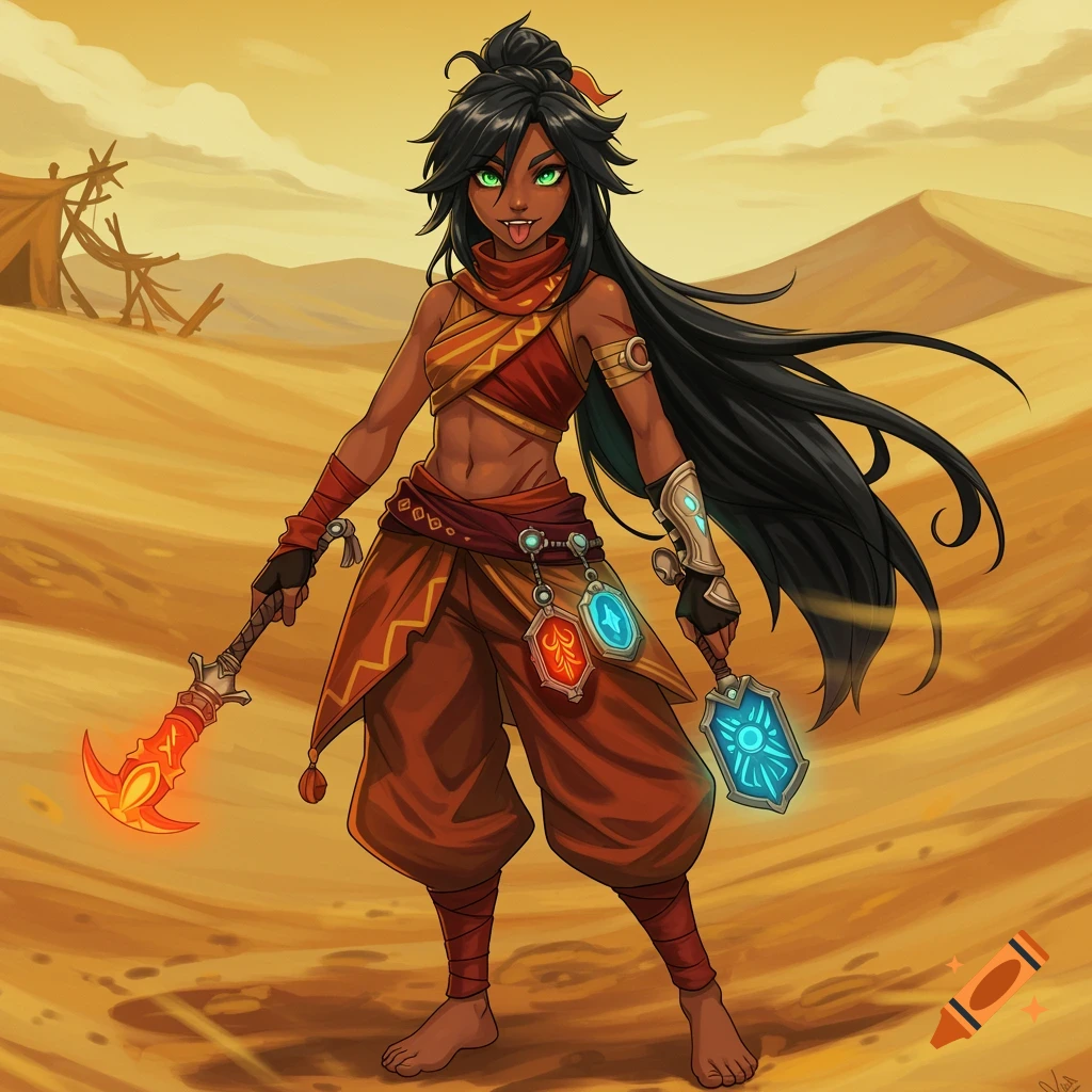 Anime fantasy character with dark hair and green eyes in desert outfit ...