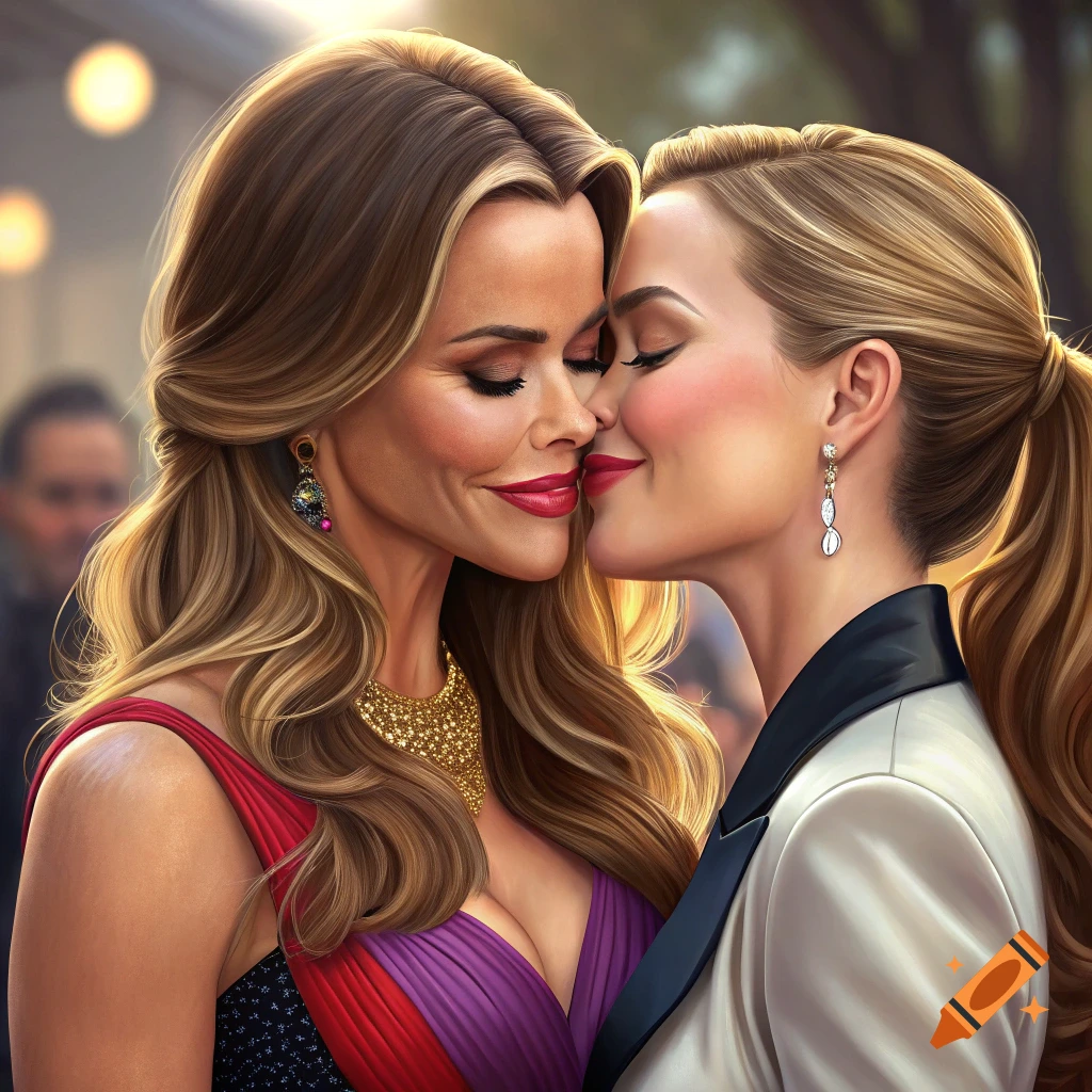 Two women resembling Sofia Vergara and Reese Witherspoon kissing, photorealistic style.