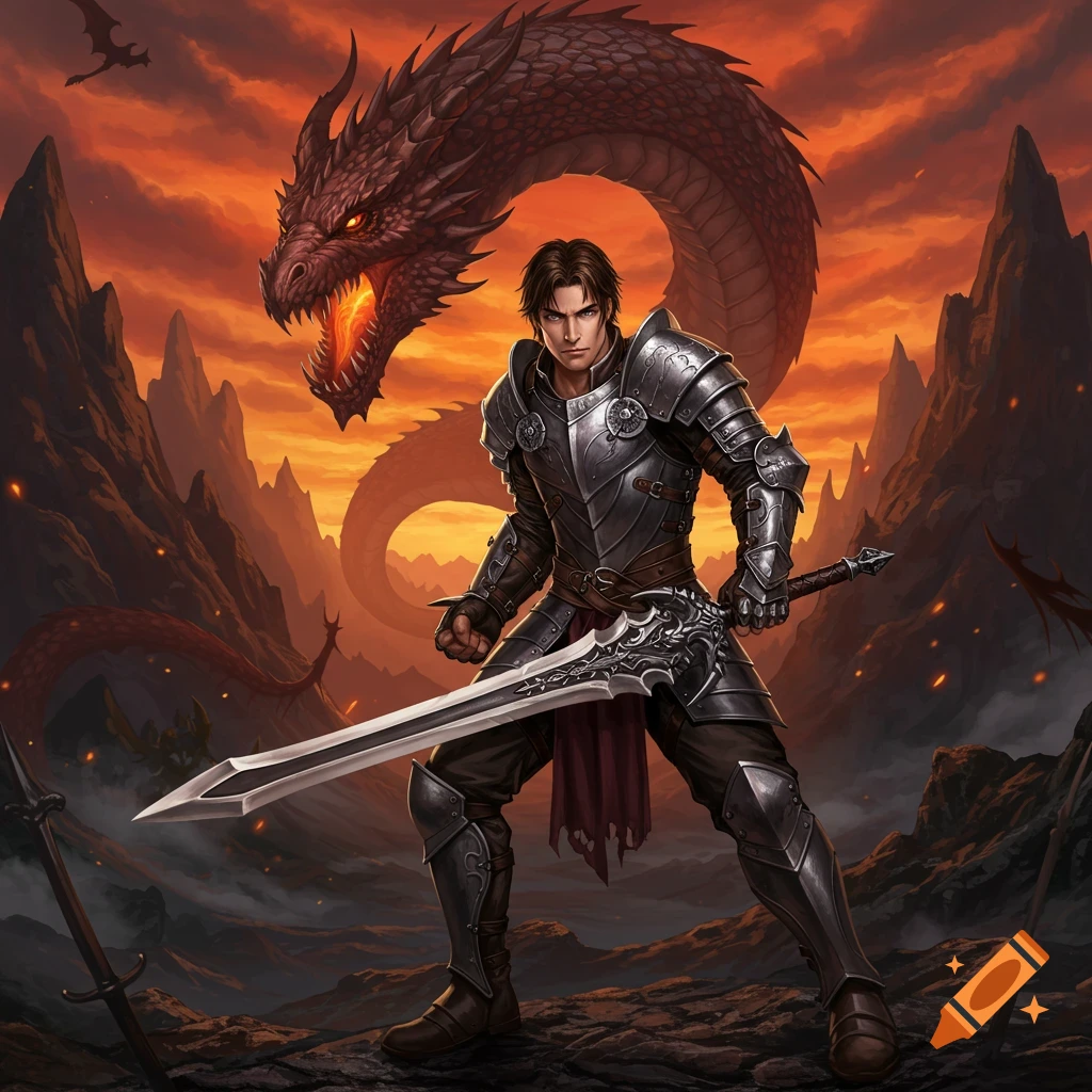 A knight in armor stands before a large red dragon in a fiery, mountainous landscape.