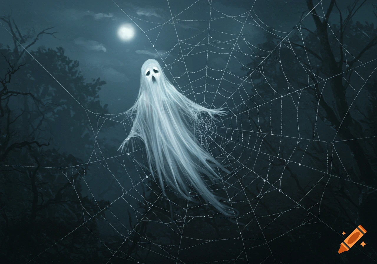A white ghost trapped in a large spiderweb under a full moon at night.
