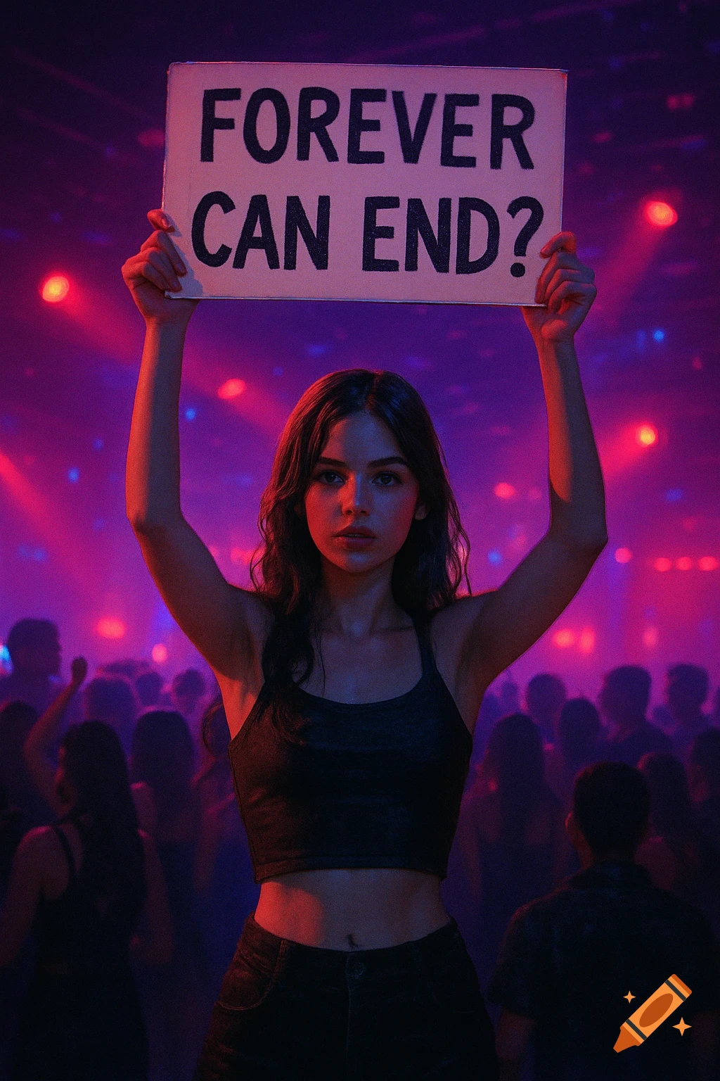 A woman holds a sign reading "FOREVER CAN END?" in a crowded nightclub.