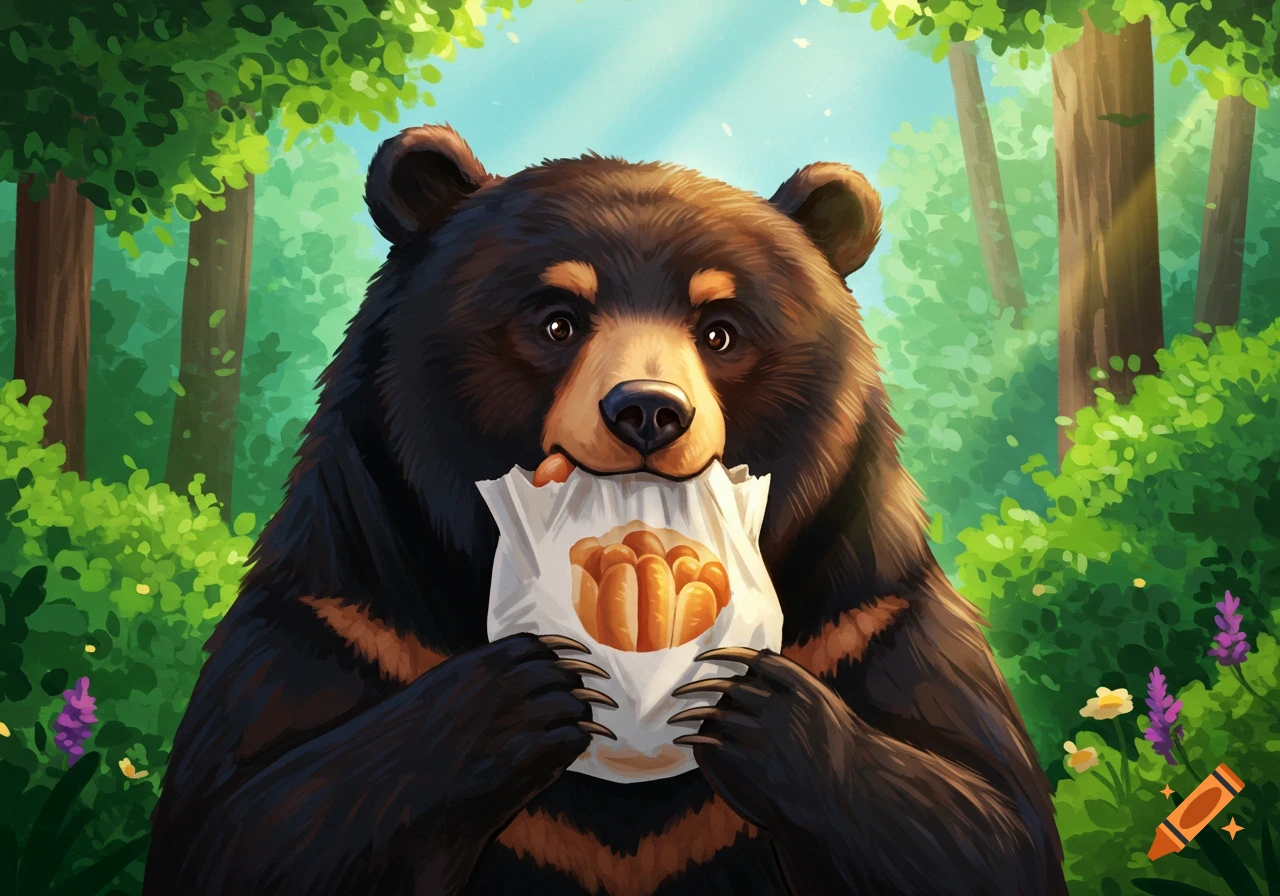 An illustration of a black bear in a forest holding a bag of hot dog buns in its mouth.